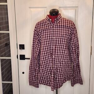 IZOD PREMIUM ESSENTIALS Shirt Mens Large Check Gingham Burgundy Embroidered Logo